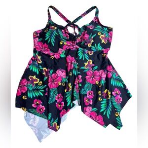 Birdsong Floral Tankini Top Size 20 Black Pink Swim Top